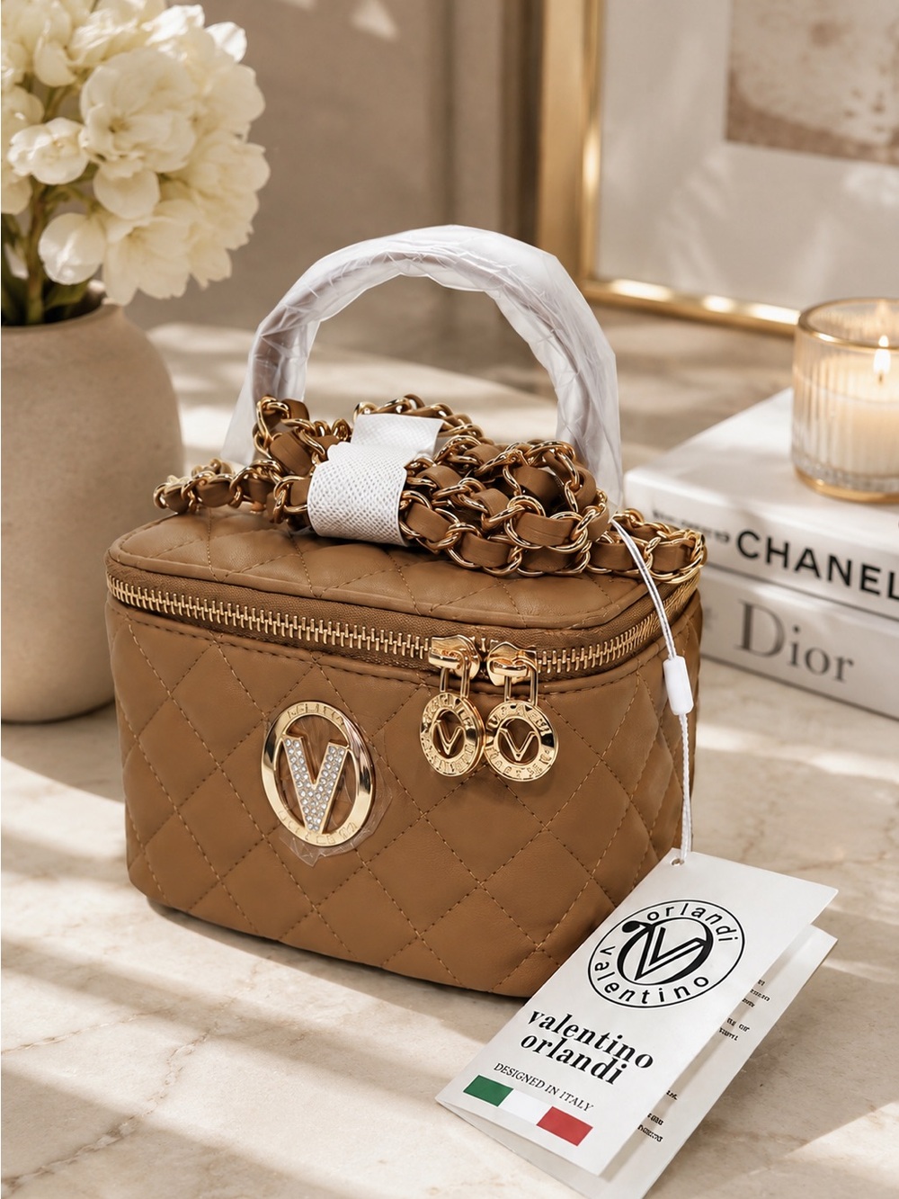 NWT Valentino Orlandi Quilted Top-Handle Vanity Bag with Cross Body Chain